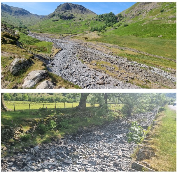 The Upper Derwent, Borrowdale. The wandering section has multiple flowing channels despite the dry weather. The engineered reach lower down is perched and all water has seeped out of the channel. These modified reaches are an ecological disaster, worse than the largest weir.