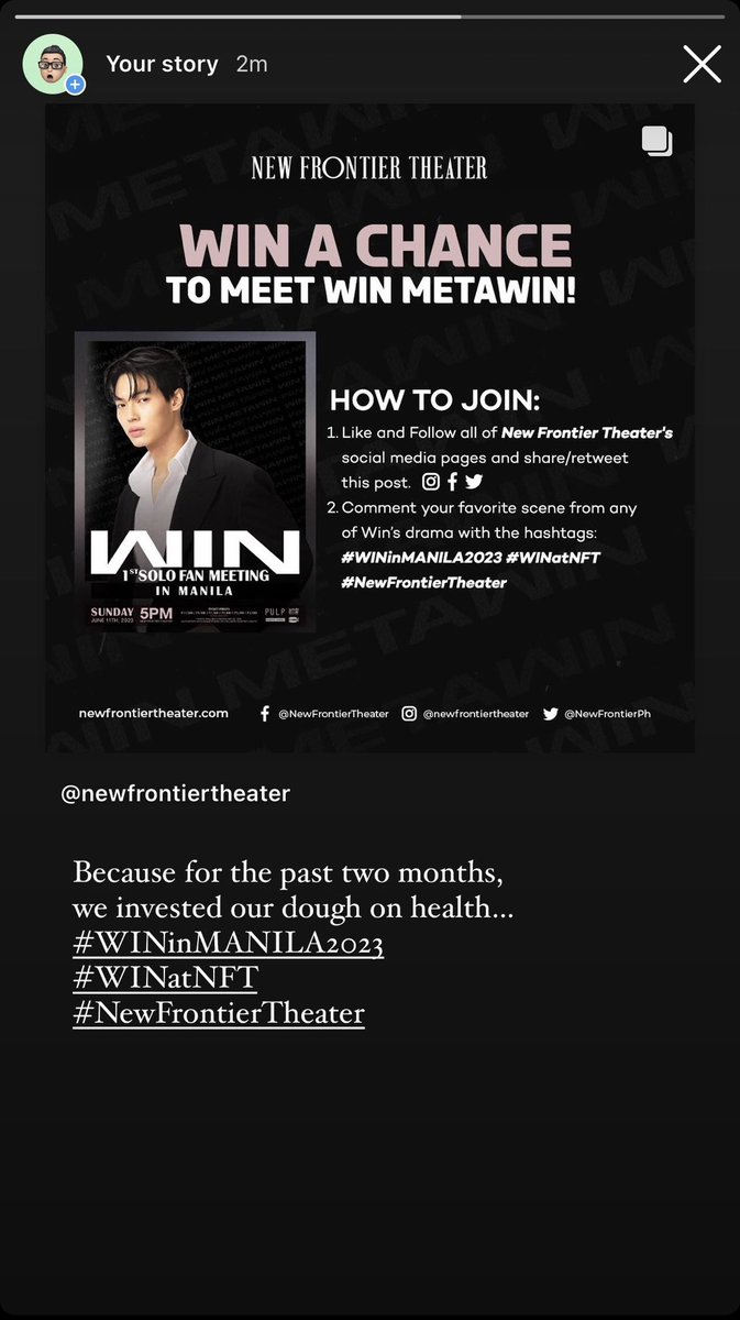 clyde_omastoid's tweet photo. @NewFrontierPh I had to catch up on “2gether: The Series” as I was a tad bit late for it. By about 4 episodes. What got me hooked was my most favorite Win Metawin scene which is in episode 2. The scene was where he asked Sarawat to be his faen.
#WINinMANILA2023 #WINatNFT #NewFrontierTheater https://t.co/w9BslWY7WV