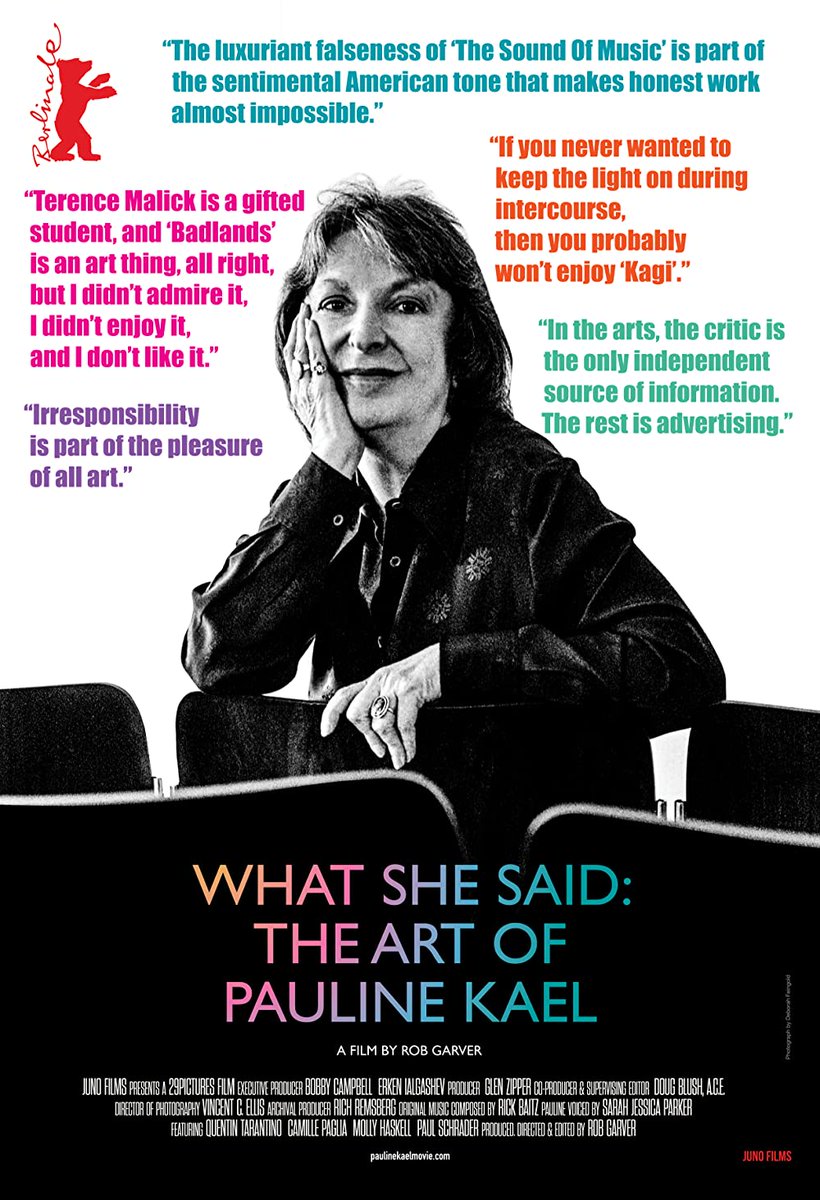 #ComingUpOnTCM

WHAT SHE SAID: THE ART OF PAULINE KAEL (2018) #JohnGuare #DavidEdelstein #GrielMarcus
Dir.: #RobGarver 7:15 PM PT

The life and work of #PaulineKael, the influential and controversial film critic.

1h 38m | Documentary | TV-PG

#TCM #TCMParty