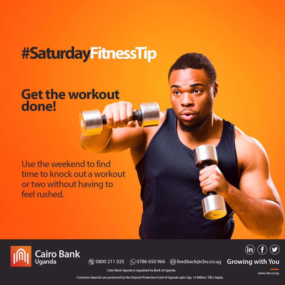 #SaturdayFitnessTip

 Working out on the weekends is just as effective for your health as working out daily is, as long as you're getting the same amount of exercise.

Get on it🏋️‍♀️ this weekend. 

#CairoBank #Workout #PressUps #Run #Jogging #weightlifting #healthylifestyle