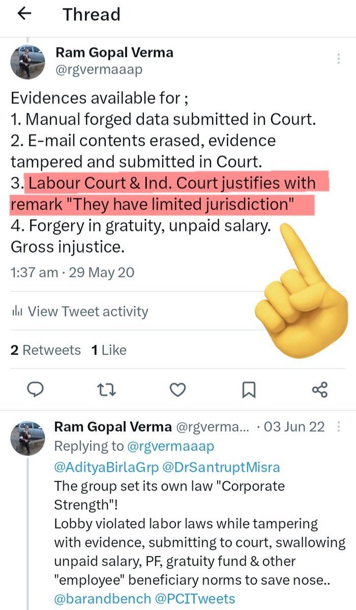 rgvermaaap's tweet image. सबूत मिटाकर न्यायपालिका से जालसाजी करके अपनी गर्दन बचाने वाले @AdityaBirlaGrp के #hrd #ctss #account के शामिल समूह के कारनामों की #चेयरमैन_कुमंबिरला निष्पक्ष जांच क्यों नही करवाते?
ग्रेच्युटी में भी वित्तीय फर्जीवाड़ा किया है इन्होंने सबूत मौजूद।
@AamAadmiParty @barandbench