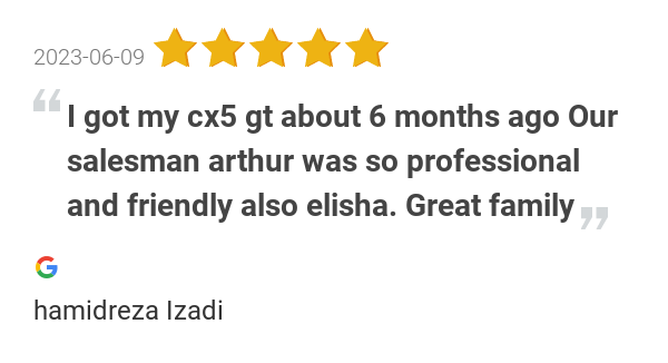 MorreyAutoGroup's tweet photo. New 5.0-star Review: "I got my cx5 gt about 6 months ago Our salesman arthur was so professional and friendly... https://t.co/M4hD6xGAmr