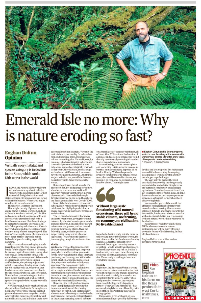 Out of 240 nations on Earth, Ireland ranks a catastrophic 13th from the bottom in how nature is doing.

My piece in today's @IrishTimes on why our need for the Nature Restoration Law could not be greater, and any MEPs who vote it down will be betraying us all, including farmers.