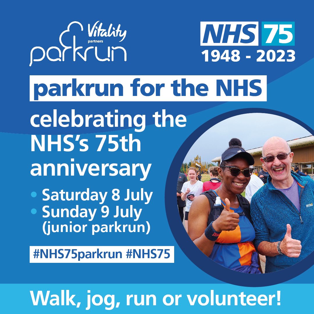 There’s just 4️⃣ weeks until ‘parkrun for the NHS’.

Join us as we celebrate 75 years of the NHS: it’s free and you can walk, jog, run, volunteer or spectate.

There’s over 1,000 parkrun events, so there will be one near you.

🌳 8 July
🌳 9 July (juniors)

england.nhs.uk/parkrun