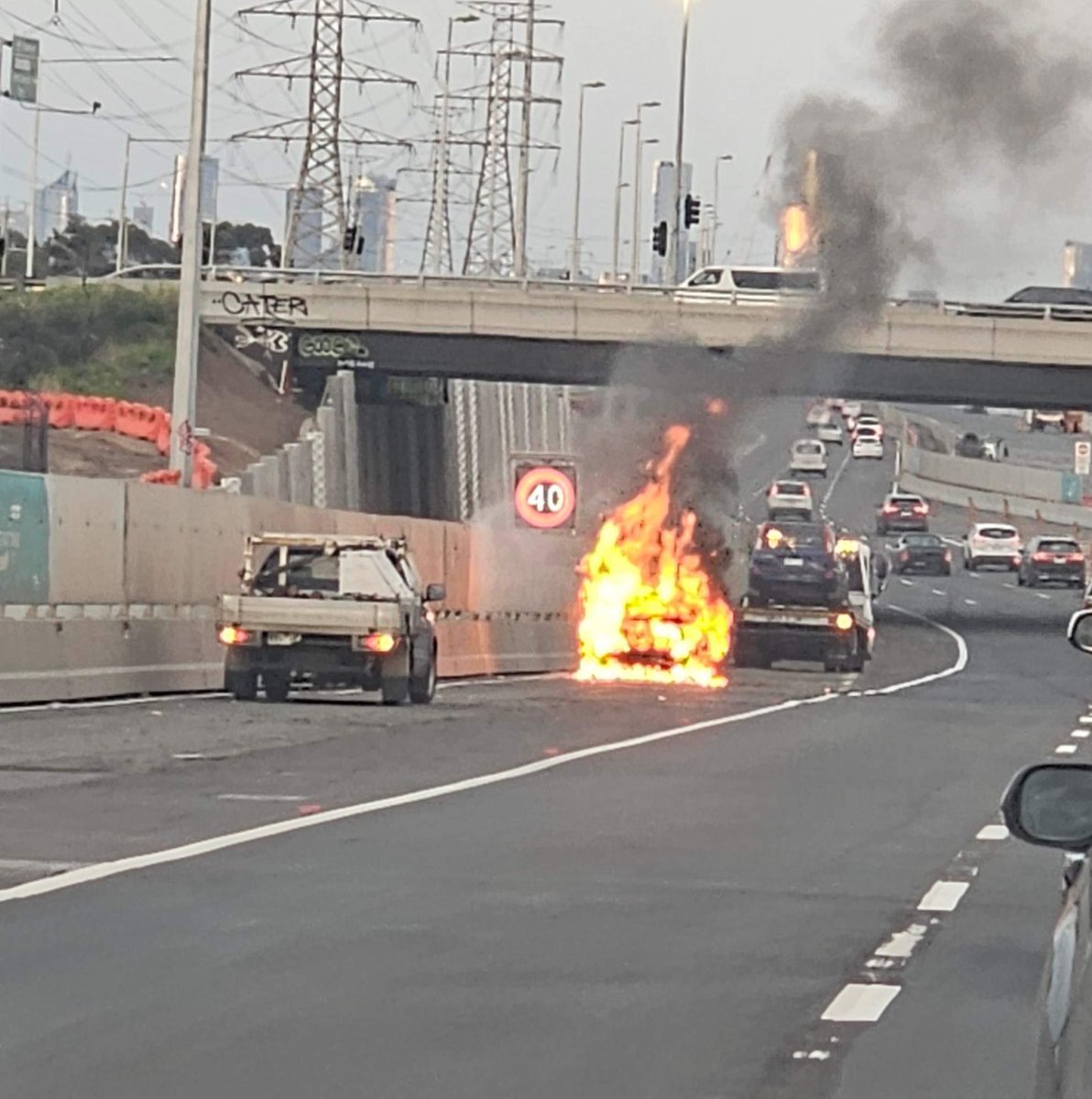 @VicTraffic avoid westgate city bound just before millers road - no emergency services in attendance 4:45pm Saturday. #westgate #carfire