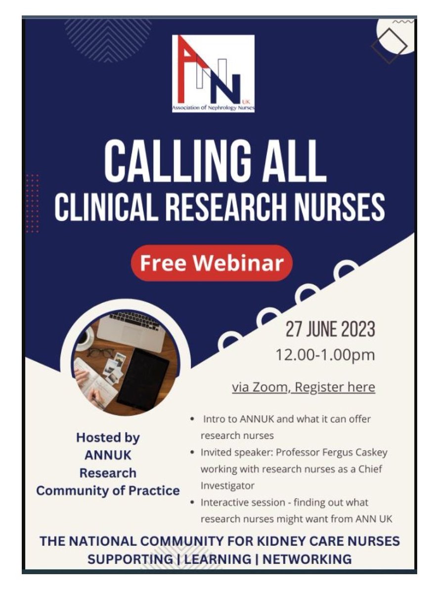 ANN UK Nursing Research in Kidney Care CoP π (@annukresearch) on Twitter photo π’π’ Calling all Clinical Research Nurses π€©π
We would love to tell you all about <a href="/annukrenal/">Association of Nephrology Nurses UK</a> and everything it has to offer you
With our guest speaker Prof Fergus Caskey
β€οΈ Join us on Zoom
π€ Tuesday 27th June
π 12.00 - 13.00
Register at us06web.zoom.us/meeting/registβ¦
#CRNurse π’π’ Calling all Clinical Research Nurses π€©π
We would love to tell you all about <a href="/annukrenal/">Association of Nephrology Nurses UK</a> and everything it has to offer you
With our guest speaker Prof Fergus Caskey
β€οΈ Join us on Zoom
π€ Tuesday 27th June
π 12.00 - 13.00
Register at us06web.zoom.us/meeting/registβ¦
#CRNurse