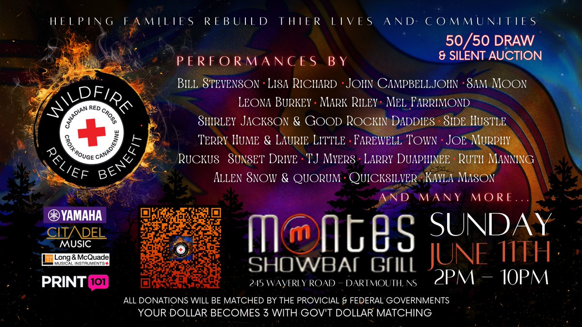 Sunday June 11 at Montes Showbar Grill on Waverley Road in support of wildfire relief fundraising efforts. Check out the artists: #Dartmouth #Halifax #NSFire