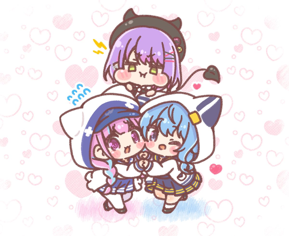 minato aqua ,tokoyami towa multiple girls 3girls blue hair chibi purple hair tail hood  illustration images