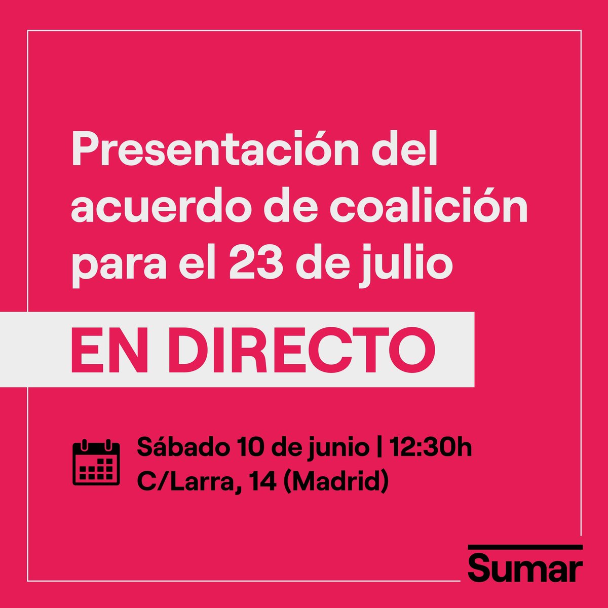 sumar's tweet photo. Hoy a las 12:30h presentamos el acuerdo de coalición para las elecciones del próximo #23J. 

Puedes venir a acompañarnos al Espacio Larra de Madrid (C/de Larra, 14) 💕

Si no puedes venir, puedes seguirlo en 👉🏼 https://t.co/dQdXDilI1d 

¡Te esperamos! https://t.co/9Idb4QpyRf