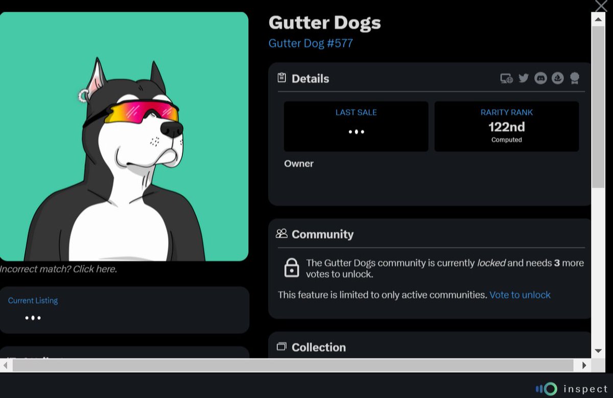 sol_absolute's tweet photo. Well this is wrong!! @GutterCatGang #gutterdog #gutterdogs we need to vote to get this unlocked!
@nftinspect has a very cool extension that shows you the info of any dog you see on someone's #pfp
#GANGGANG fam needs to get voting. https://t.co/h2h6YwzRWk
