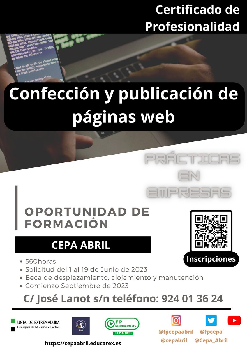 Atención 📢 Última semana para solicitar el Certificado de Profesionalidad de Confección y publicación de páginas web en Badajoz . Gratuito con beca. <a href="/Cepa_Abril/">CEPA Abril</a> más información educarex.es/fp/fpi.html
<a href="/FpExtremadura/">Fp Extremadura</a> @extremtrabaja @NCCExtremadura