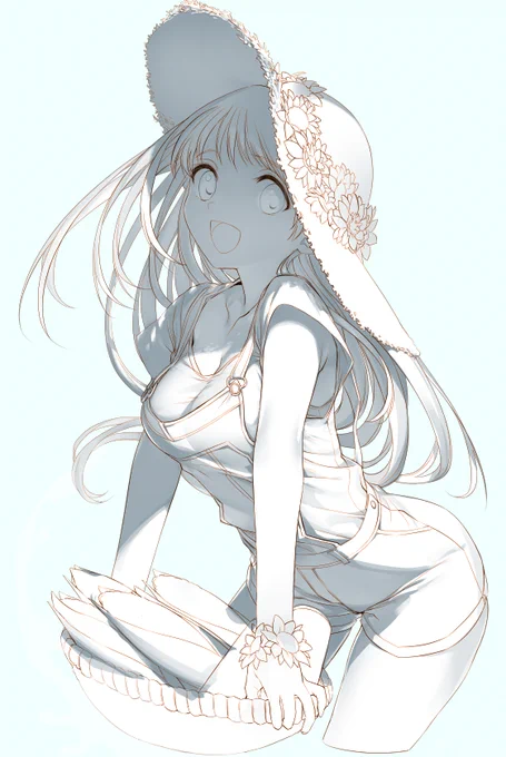昨日の続きこういう感じで最初につけた大きな陰の印象を損ねることなくディティールをつめていきます。ここまで陰色に適当に選んだ色一色でその濃淡だけで表現。ここで実質決まるというのが師の教え! 