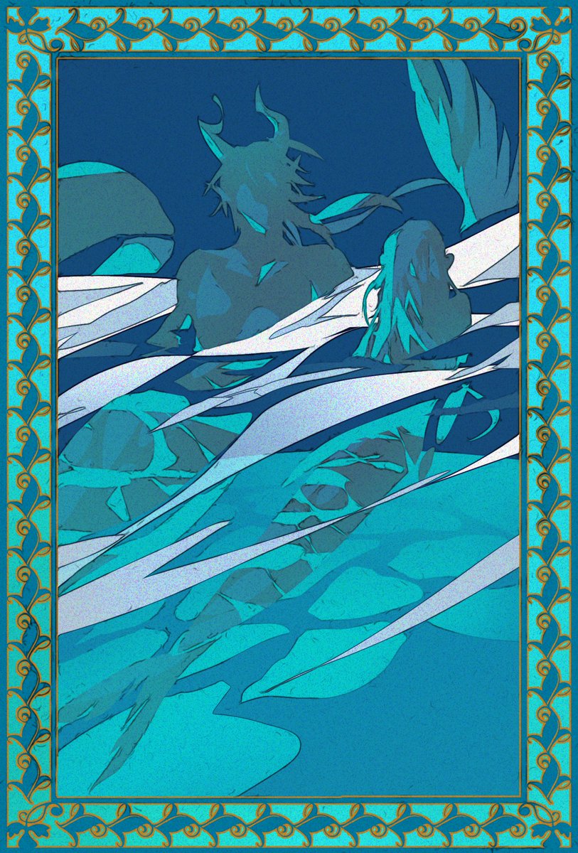 blue theme facing away long hair 1boy from behind border horns  illustration images