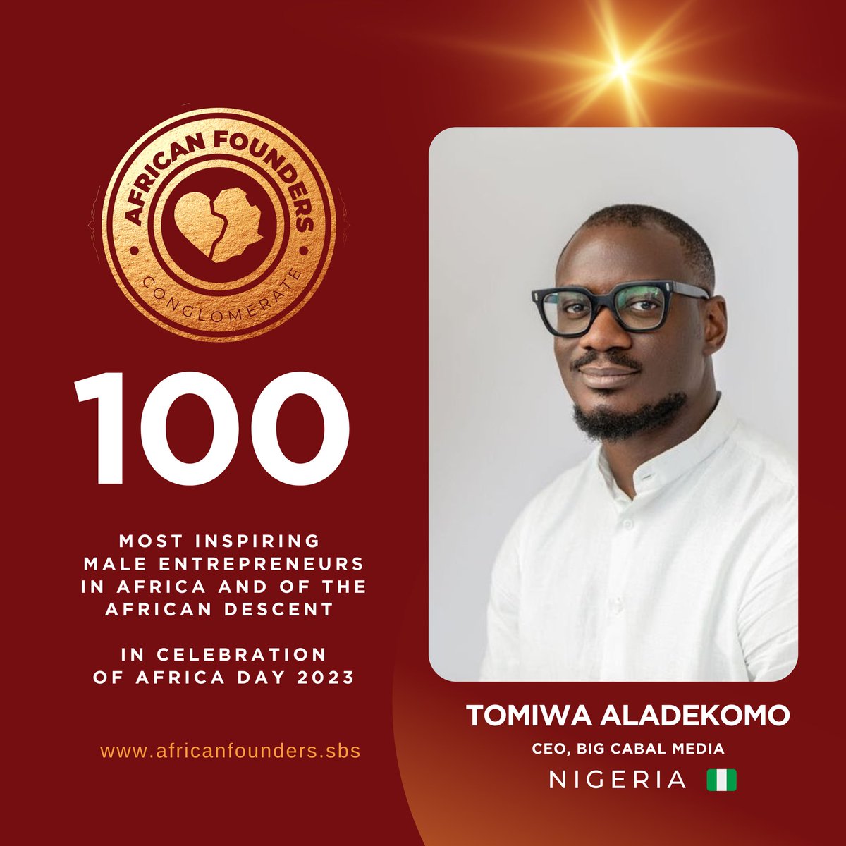 #AFCFeatures | In celebration of AFRICA DAY , we honor Tomiwa of @TechCabal for his resilience, achievements and great entrepreneurial spirit.

African Founders Feature.
#100mostinspiringmaleentrepreneurs
.
AFRICAN FOUNDERS CONGLOMERATE | Promoting Entrepreneurship & Lifestyle