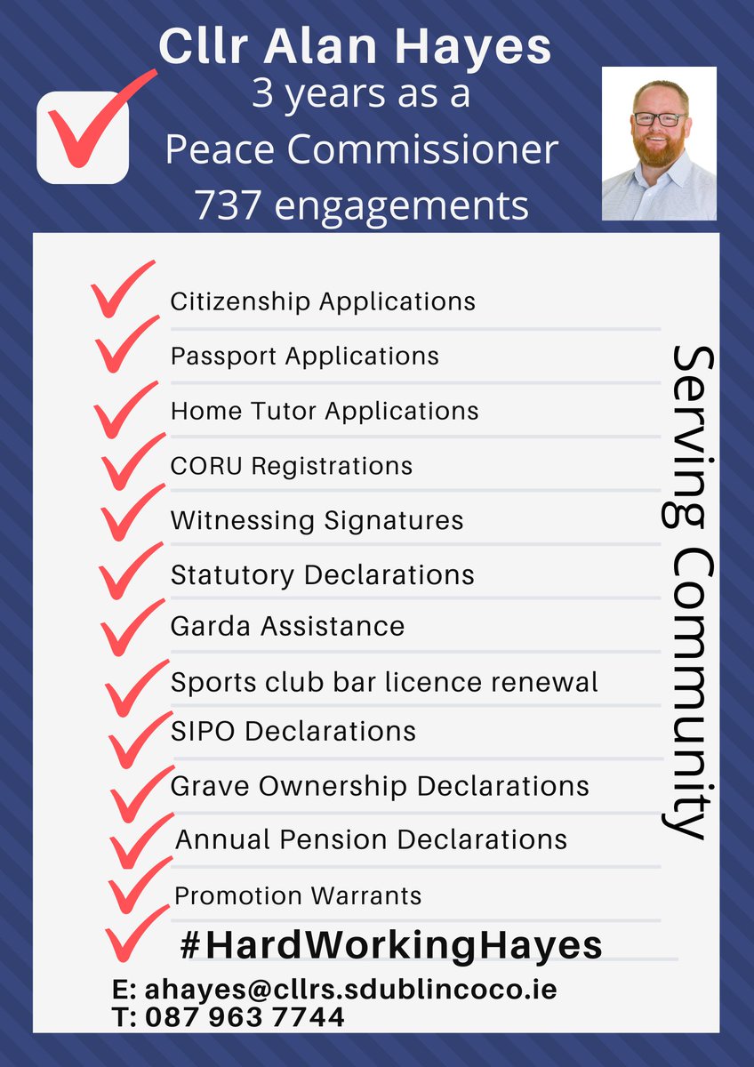 AlanHayesDublin's tweet photo. Today marks 3 years as a #PeaceCommissioner, and it's been my busiest. This is an honorary role that carries no salary, no expenses, and no charges. I am happy to be able to offer it. If you need the assistance of a PC, ☎️📩
#HardWorkingHayes #Palmerstown #Lucan #NorthClondalkin https://t.co/s0uPZ7roKQ