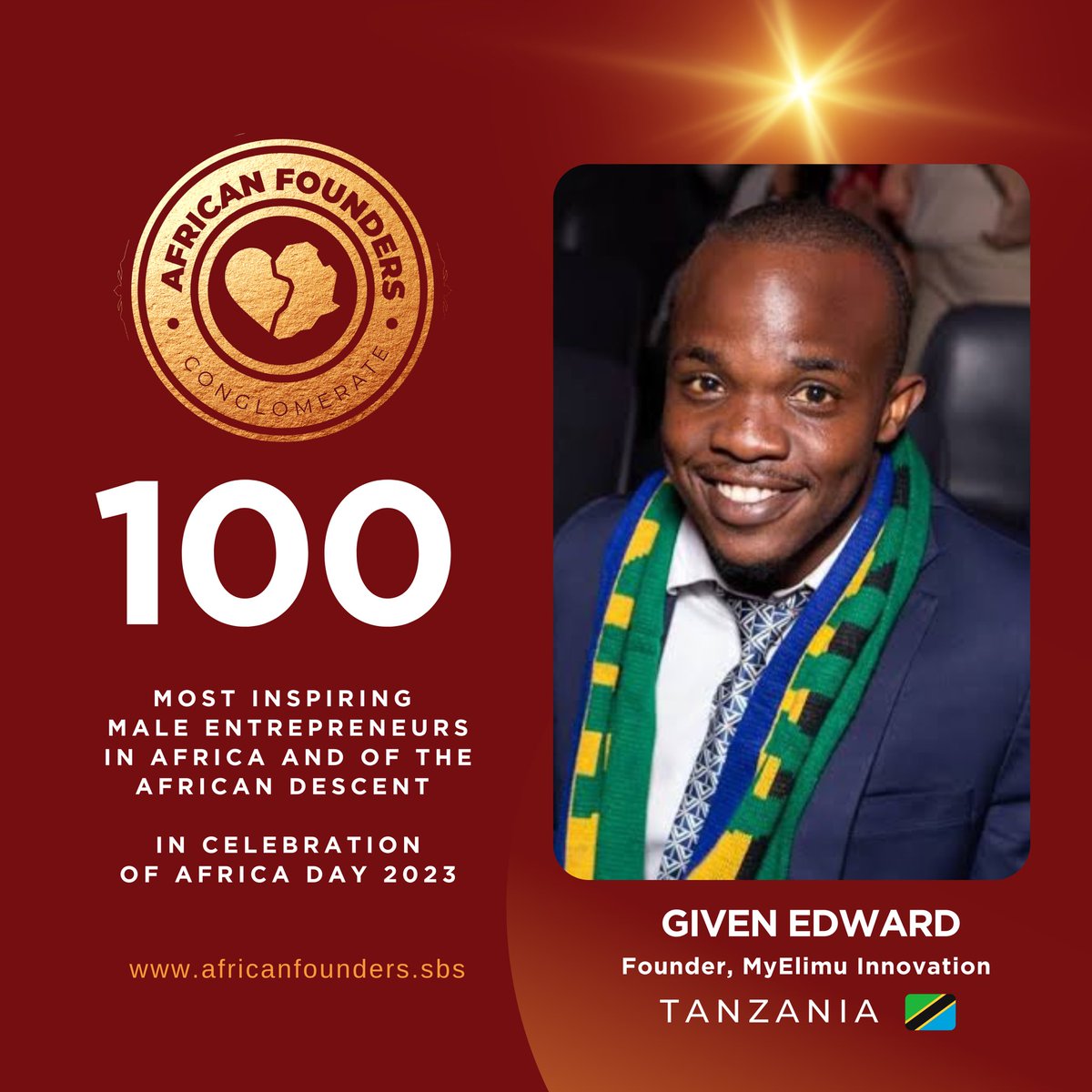 #AFCFeatures | In celebration of AFRICA DAY , we honor @GIVENALITY for his resilience, achievements and great entrepreneurial spirit.

African Founders Feature.
#100mostinspiringmaleentrepreneurs
.
AFRICAN FOUNDERS CONGLOMERATE | Promoting Entrepreneurship & Lifestyle