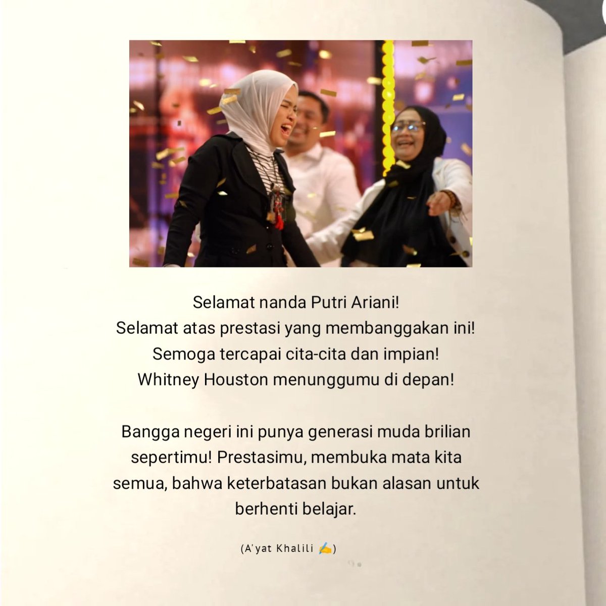 Sekedar mau ngucapin, selamat Putri Ariani!

Bangga negeri ini punya generasi muda brilian sepertimu! Prestasimu, membuka mata semua, bahwa keterbatasan bukan alasan untuk berhenti belajar. 

Sekali lagi selamat Putri Ariani.

#putriariani #americasgottalent #americagottalent