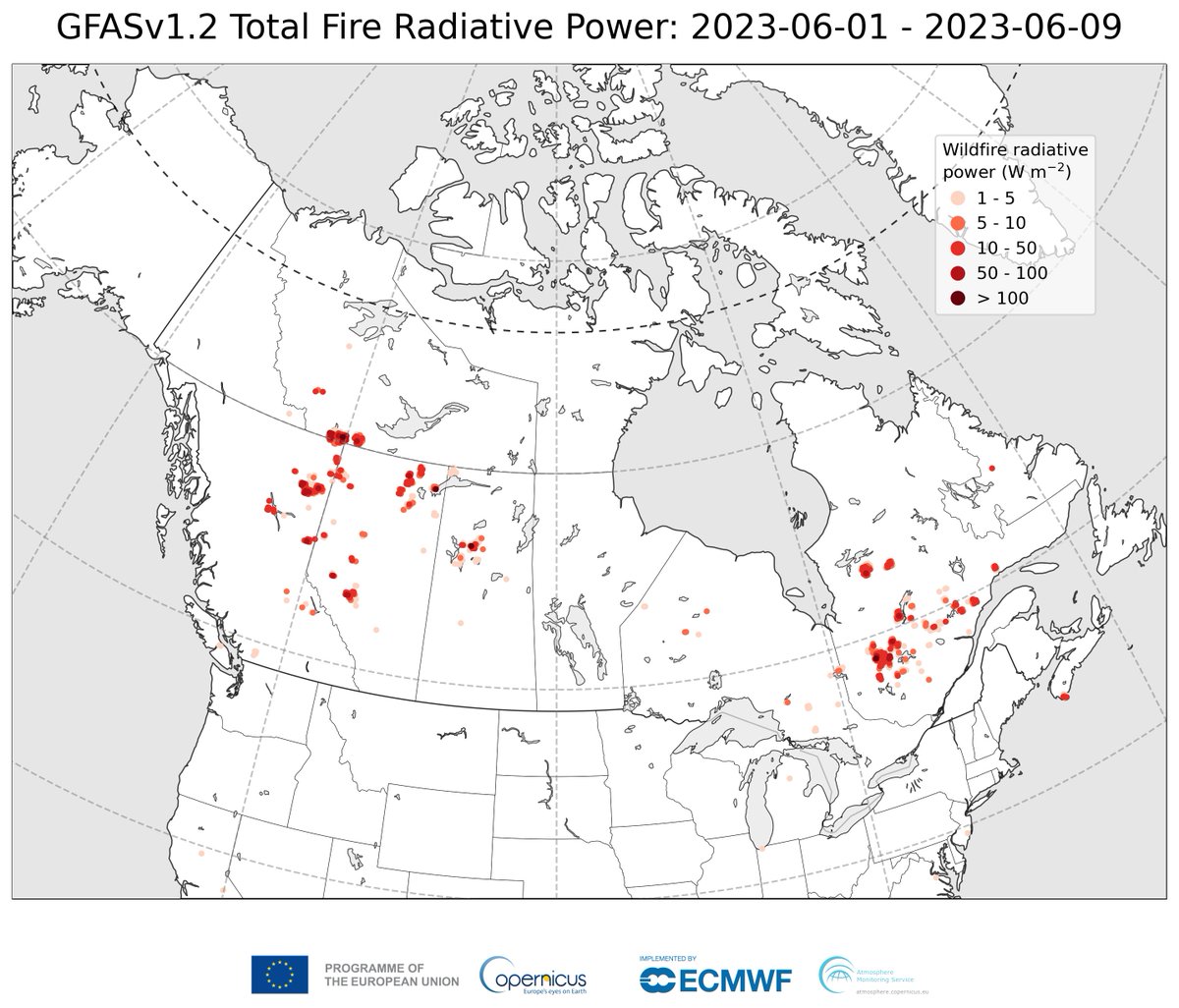 m_parrington's tweet photo. Perspective on the scale of #CanadaWildfires with #CopernicusAtmosphere GFAS data https://t.co/qjv1hJerdd showing the fire locations/intensity across the country &amp; the incredibly steep increase in emissions since 1 May (up to 9 June) compared to 2003-2022 #wildfire #IIFF https://t.co/xByQL9T0ob