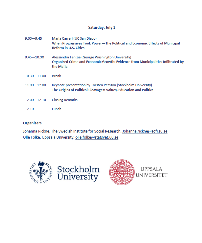 Johanna Rickne (@johannarickne) on Twitter photo We are happy to share the program for our upcoming research workshop on politicians and bureaucrats (<a href="/OlleFolke/">Olle Folke</a> <a href="/SOFI_su_se/">Swedish Institute for Social Research (SOFI)</a> <a href="/UU_PoliSci/">Department of Government, Uppsala University</a>) There is room to add some participants, so please get in touch if you are around and interested in coming💫 We are happy to share the program for our upcoming research workshop on politicians and bureaucrats (<a href="/OlleFolke/">Olle Folke</a> <a href="/SOFI_su_se/">Swedish Institute for Social Research (SOFI)</a> <a href="/UU_PoliSci/">Department of Government, Uppsala University</a>) There is room to add some participants, so please get in touch if you are around and interested in coming💫