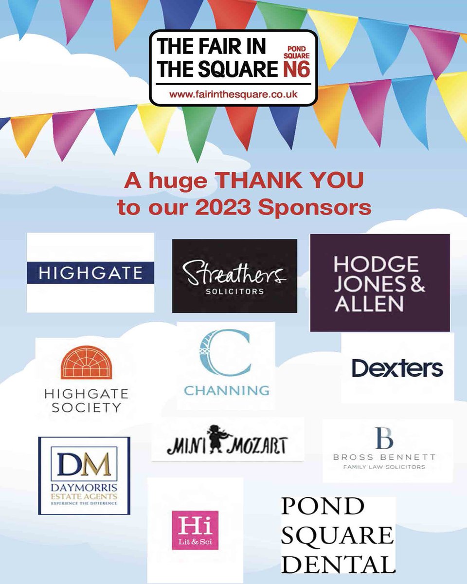 Fair in the Square (@fairinthesquare) on Twitter photo TODAY IS THE DAY! Highgate's Fair in the Square is open between 12.30 and 5.30pm.
A massive 'Thank You' to all our amazing sponsors who make today's event possible.
<a href="/highgate1565/">Highgate School</a> <a href="/Streathers/">Streathers Solicitors</a> <a href="/hodgejonesallen/">Hodge Jones & Allen</a> <a href="/highgatesociety/">Highgate Society</a> <a href="/ChanningSchool/">Channing School</a> <a href="/MiniMozartMusos/">MiniMozart Musicians</a> <a href="/BrossBennett/">Bross Bennett LLP</a> TODAY IS THE DAY! Highgate's Fair in the Square is open between 12.30 and 5.30pm.
A massive 'Thank You' to all our amazing sponsors who make today's event possible.
<a href="/highgate1565/">Highgate School</a> <a href="/Streathers/">Streathers Solicitors</a> <a href="/hodgejonesallen/">Hodge Jones & Allen</a> <a href="/highgatesociety/">Highgate Society</a> <a href="/ChanningSchool/">Channing School</a> <a href="/MiniMozartMusos/">MiniMozart Musicians</a> <a href="/BrossBennett/">Bross Bennett LLP</a>