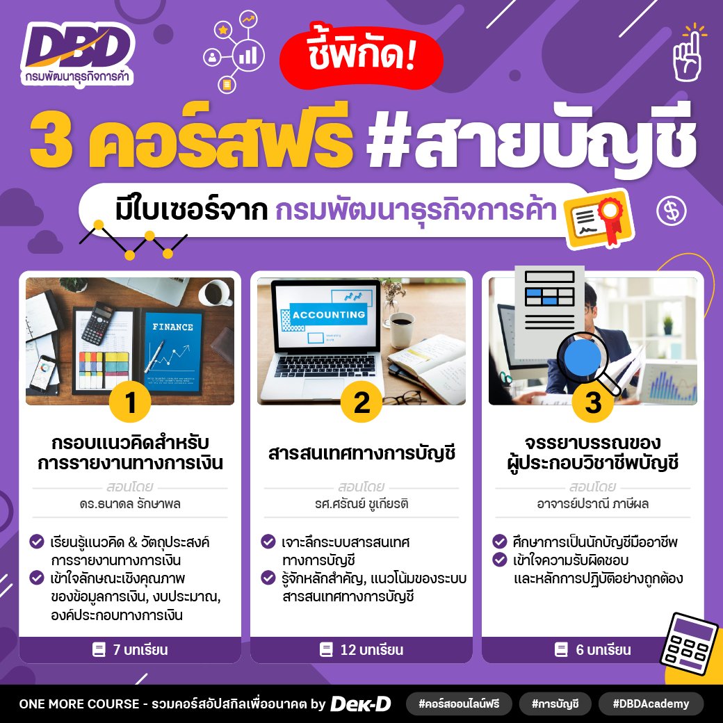 💲📖 อัปเดตคอร์สฟรีมาใหม่ #สายบัญชี ล่าสุด #กรมพัฒนาธุรกิจการค้า ได้เปิดสอน 3 หลักสูตรด้านการเงินและการบัญชี ให้ทุกคนลงทะเบียนได้ตั้งแต่วันนี้ ผ่านแพลตฟอร์ม DBD Academy

( 📑มี PDF เอกสารให้โหลดประกอบ และได้ใบประกาศฯให้ด้วยนะ! )

📌พิกัด dbdacademy.dbd.go.th/courses