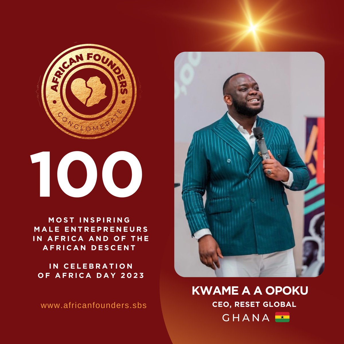 #AFCFeatures | In celebration of AFRICA DAY , we honor #Kwameopoku  for his resilience, achievements and great entrepreneurial spirit.

African Founders Feature.
#100mostinspiringmaleentrepreneurs
.
AFRICAN FOUNDERS CONGLOMERATE | Promoting Entrepreneurship & Lifestyle
