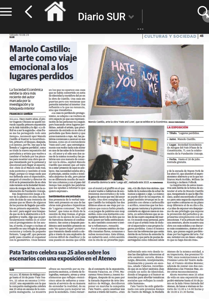 _ElObservador_'s tweet image. #OJO 

@ManoloCastillo es un periodista mediocre y un mal pintor, pero como controla @DiarioSUR hace publicar sin pudor una página dedicada a él, para poder leer lo cojonudo q es como #artista, q así se hace llamar después d #colgar (literalmente) manchurrones en la #Económica.
.