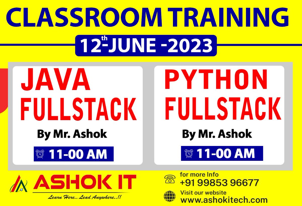 ashokitschool's tweet image. 📷 Enroll Now : bit.ly/3noOByz
📷 Free Demos On 12th-June @ 11:00 AM IST
📷 Subscribe To Youtube Channel: bit.ly/41IHJdj
📷 Visit : ashokitech.com
CALL NOW: +919985396677
#javafullstackdevelopercourse #java #pythonfullstackcourse #pythonfullstack