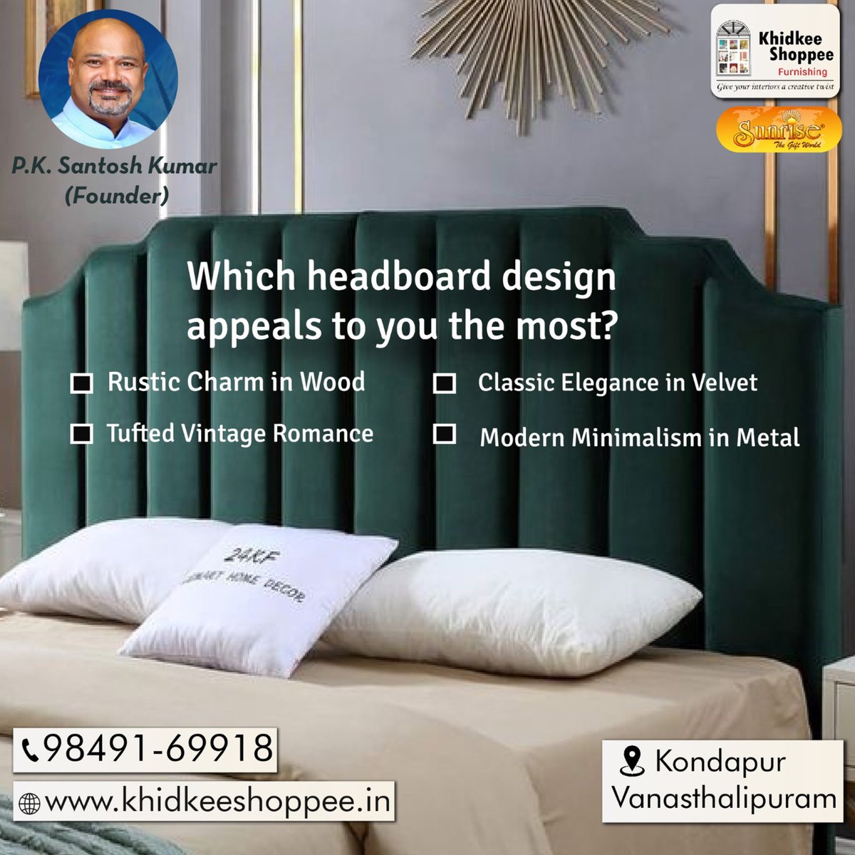 Dreaming of the perfect headboard? Share your favorite design and let's make it a reality! 💤💕
#KhidkeeShoppee #homedecorinspiration #homefurnishingstore #PamperYourself #bed #bedroom #bedtime #bedroomdecor #bedding #bedroominspo #bedandbreakfast #bedroomdesign #Hyderabad