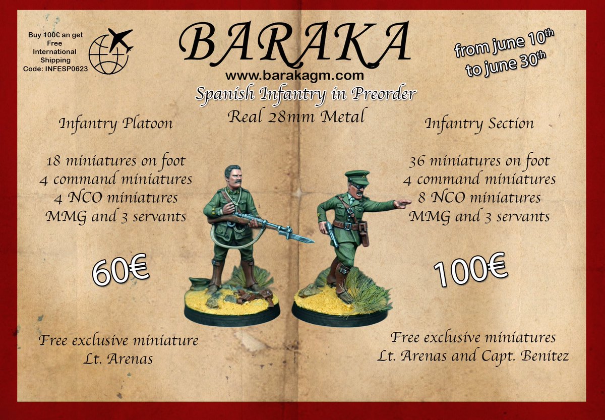 GamesBaraka's tweet photo. Prepedido de la Infantería de la Guerra del Rif. Reserva tu pelotón y consigue la miniatura del Tte. Arenas o tu sección de infantería y consigue las miniaturas exclusivas de Arenas y Benítez. #barakayfatalidad #guerradelrif #colonialwar #rifwar

https://t.co/cVgq52hBWO https://t.co/S6q4mmL0jC