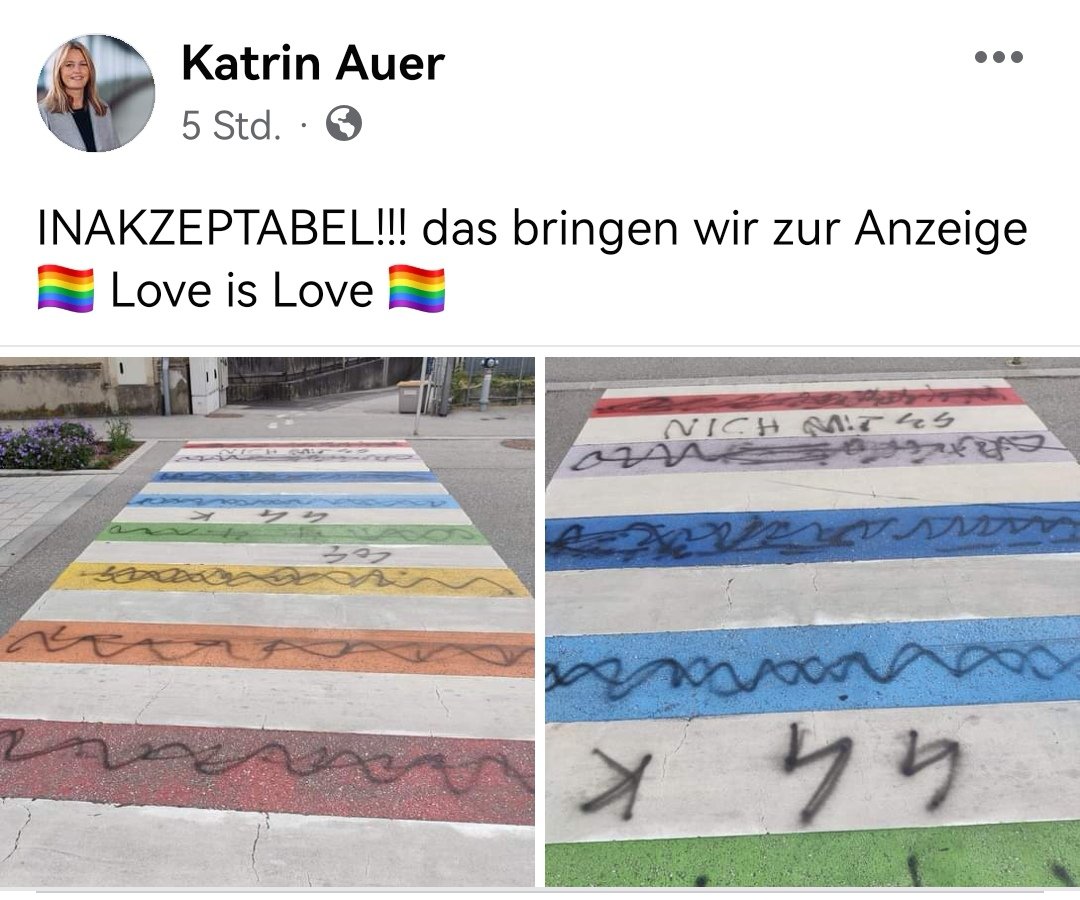 Jemandem in Steyr war der Regenbogen-Zebrastreifen wohl zu bunt. Sehr traurig, dass es im Jahr 2023 noch immer Menschen gibt, die nichts mit Offenheit und Toleranz anfangen können 🏳️‍🌈