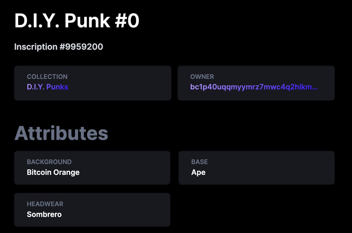 diypunksnfts's tweet photo. While we are still trying to talk to @MEonBTC and @ordinalswallet for visualising the images of our #ORC721 #diypunks text inscription (it's all on-chain, no worries), let's highlight the fact that the latter is already showing attributes 🧗
🧵 2/3 https://t.co/ithkTHDoXq