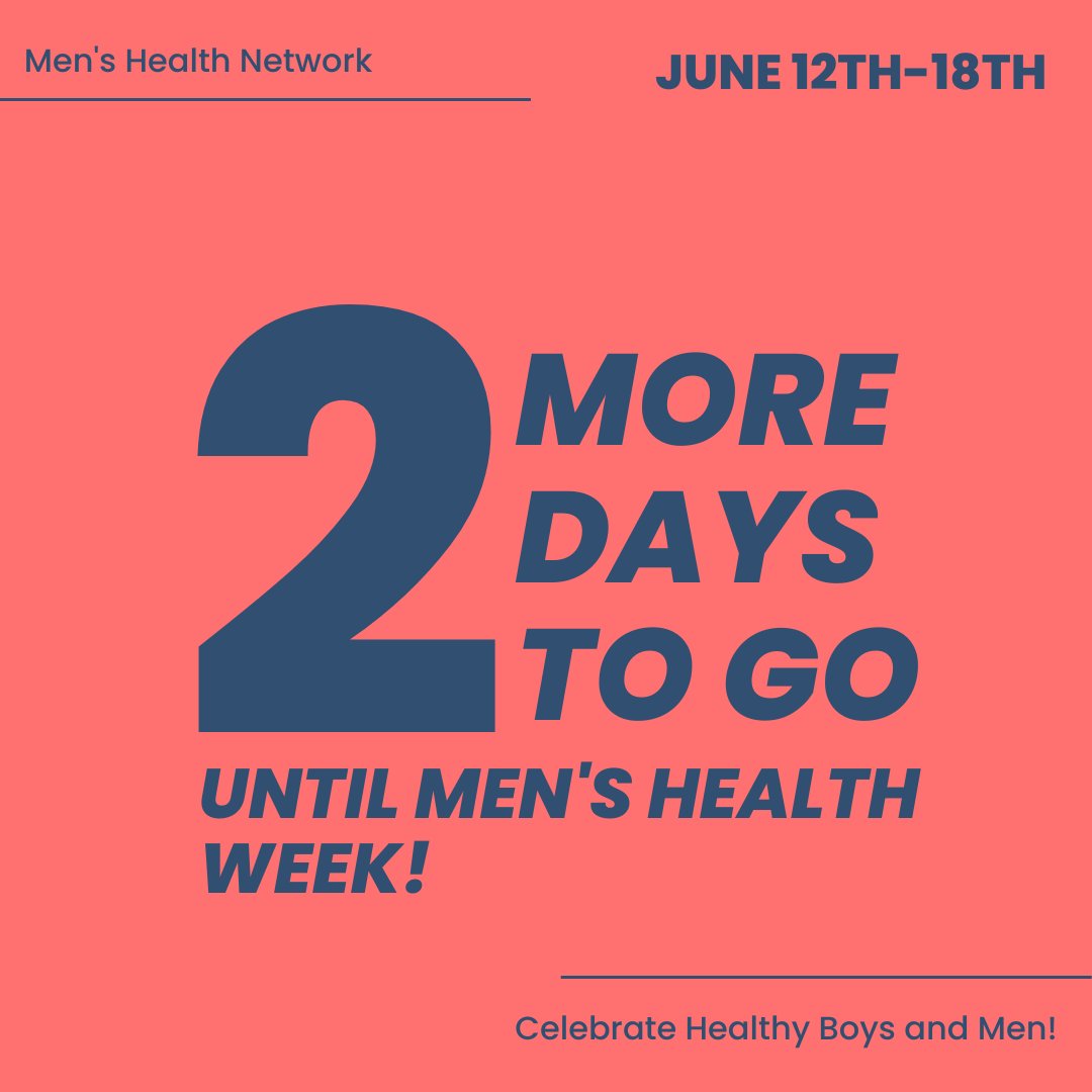 🚨 Just 2 days left until Men’s Health Week! 

Men’s Health Week is June 12-18:
Support & encourage men to stay well!

#MensHealthMonth #MHM #MHN #HealthyMen #MensHealth #Healthformen #Healthforboys #Boyshealth #healthyboys #dadsmatter #dadandson #sonanddad #FamilyDad #DadFamily