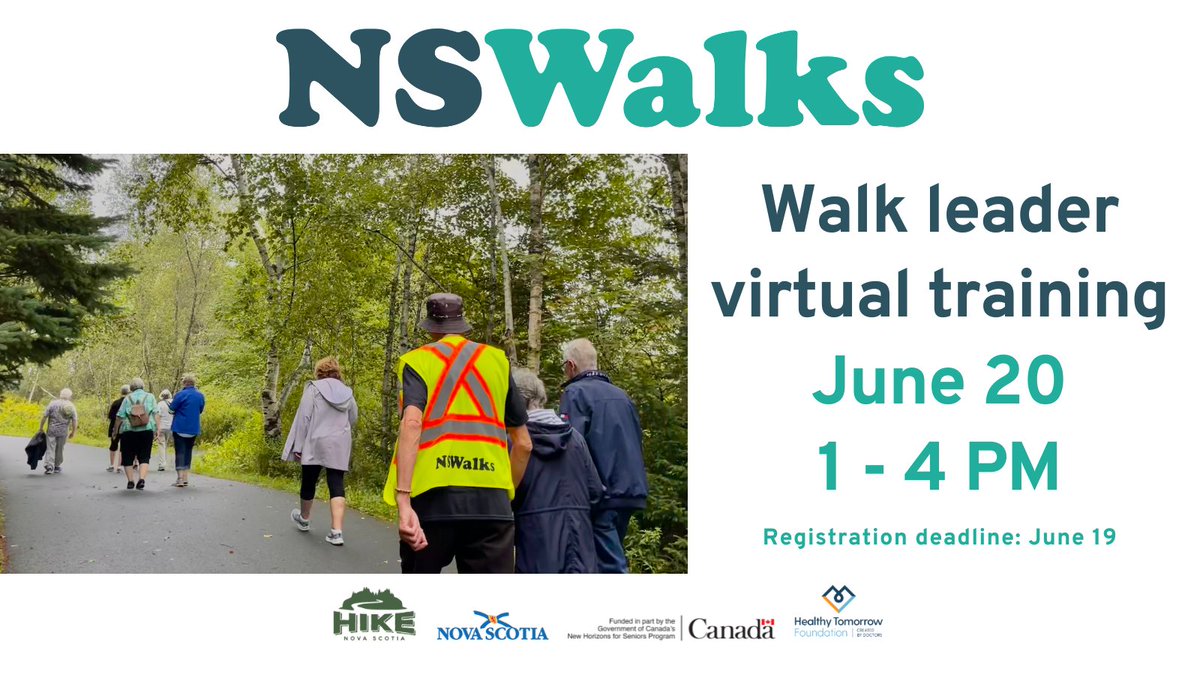 HikeNS's tweet photo. Like to walk & looking for a way to give back to your community? Join a virtual training session Tuesday, June 20, at 1:00 p.m.
#NSWalks is a program of @HikeNS supported by @nsgov New Horizons for Seniors Program. More info: https://t.co/lPTXCEclLg https://t.co/RbVisxWiMM