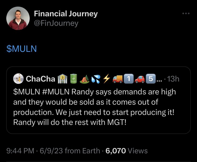 WFUD_Radio's tweet photo. $MULN .4336 (0.0173) @FinJourney @chacha72kobe4er Pumpers till the end. 🙁 #retailfamily #noproduction #hardgefraud #mulnscam #endisnear https://t.co/eZTOq0txEy