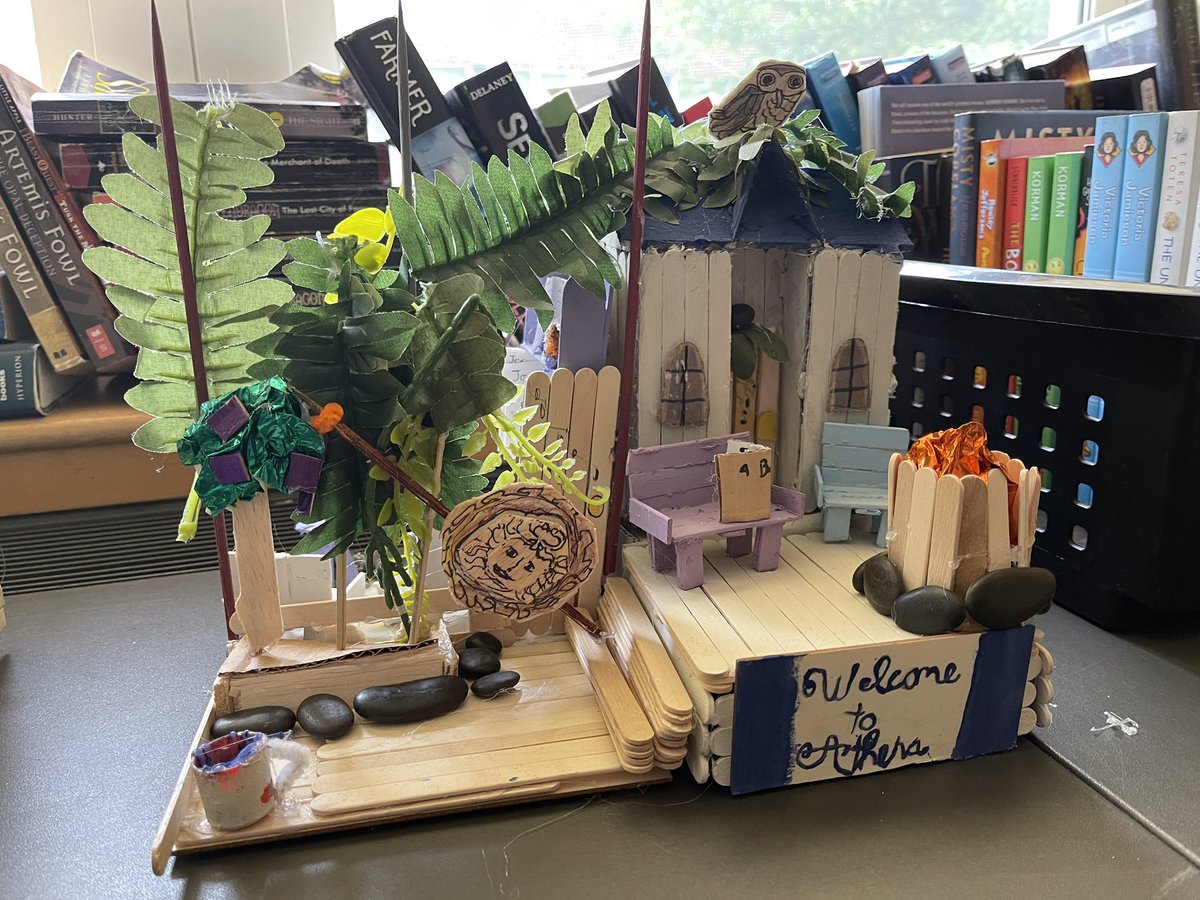 MrsThiv's tweet photo. We learned valuable life lessons this week. Top of the list? Hot glue is hot. 😂 I am so proud of our whole 6th grade and their amazing work on their ‘Lightning Thief’ cabins!  Check the thread for more photos of just a few! @HurleyMiddle https://t.co/Qs539MDNep