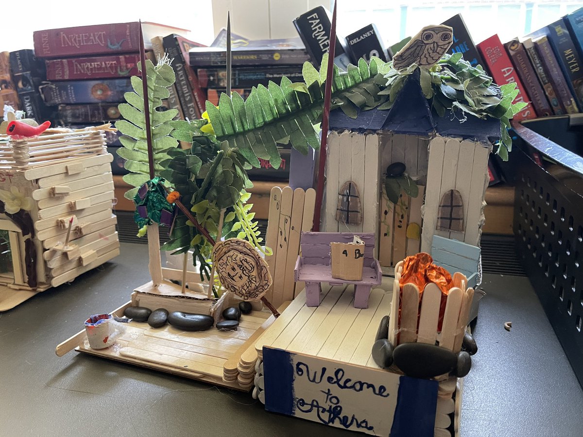 MrsThiv's tweet photo. We learned valuable life lessons this week. Top of the list? Hot glue is hot. 😂 I am so proud of our whole 6th grade and their amazing work on their ‘Lightning Thief’ cabins!  Check the thread for more photos of just a few! @HurleyMiddle https://t.co/Qs539MDNep