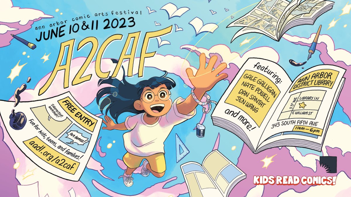 aadl's tweet photo. Join us for the Ann Arbor Comic Arts Festival 2023 TODAY &amp; TOMORROW at the Downtown Library from 11 am-6 pm each day. Hosted in partnership with Kids Read Comics, we'll have artists, hands-on workshops, quick draws &amp; more! Details: https://t.co/u5M1yXrTVJ https://t.co/D6MnFBZmKV