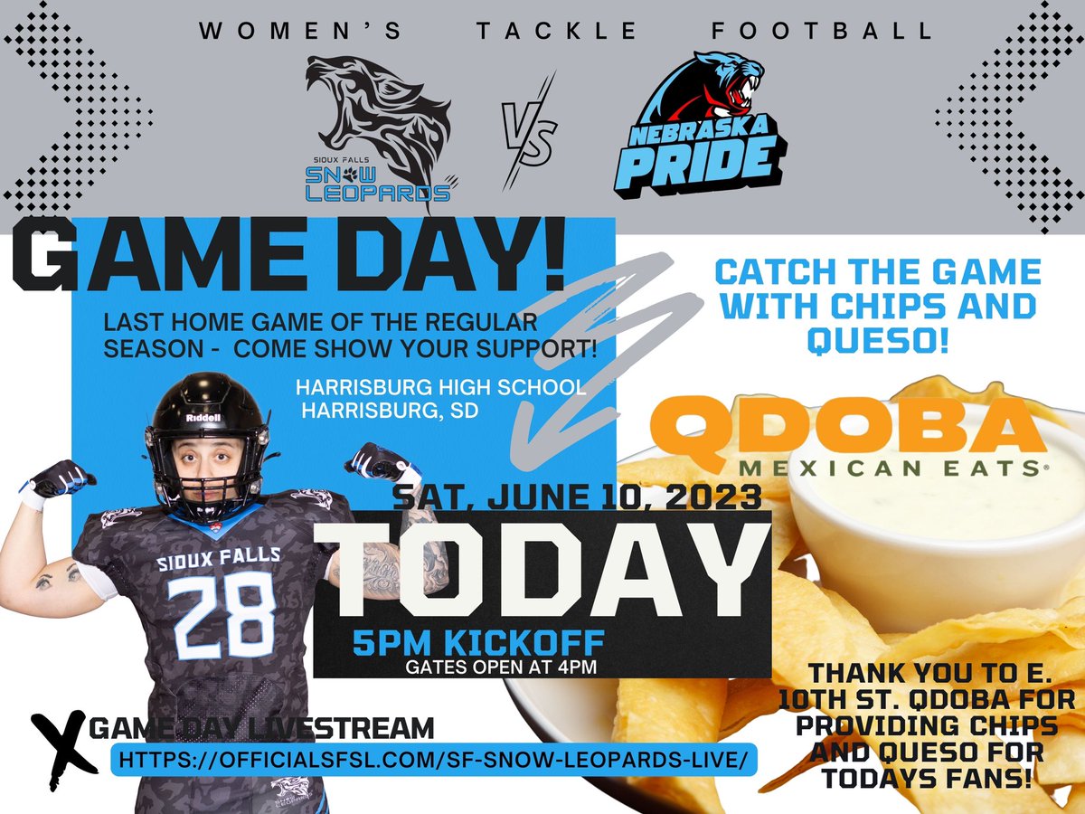 Come join us for our last home game! Harrisburg High School, 5pm Kickoff TODAY!!

Catch the game with a bowl of Qdoba chips and queso to satisfy your hunger as you take in the game! Many thanks to QDOBA on East 10th St for generously supporting our team and feeding our fans!