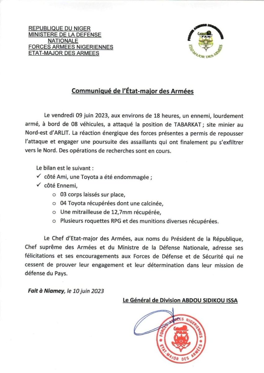 PresidenceNiger's tweet photo. 🔴Communiqué de l'Etat Major des Armées sur l'attaque de la position de #TABARKAT le 9 Juin 2023 https://t.co/fZ1WrSNvEq