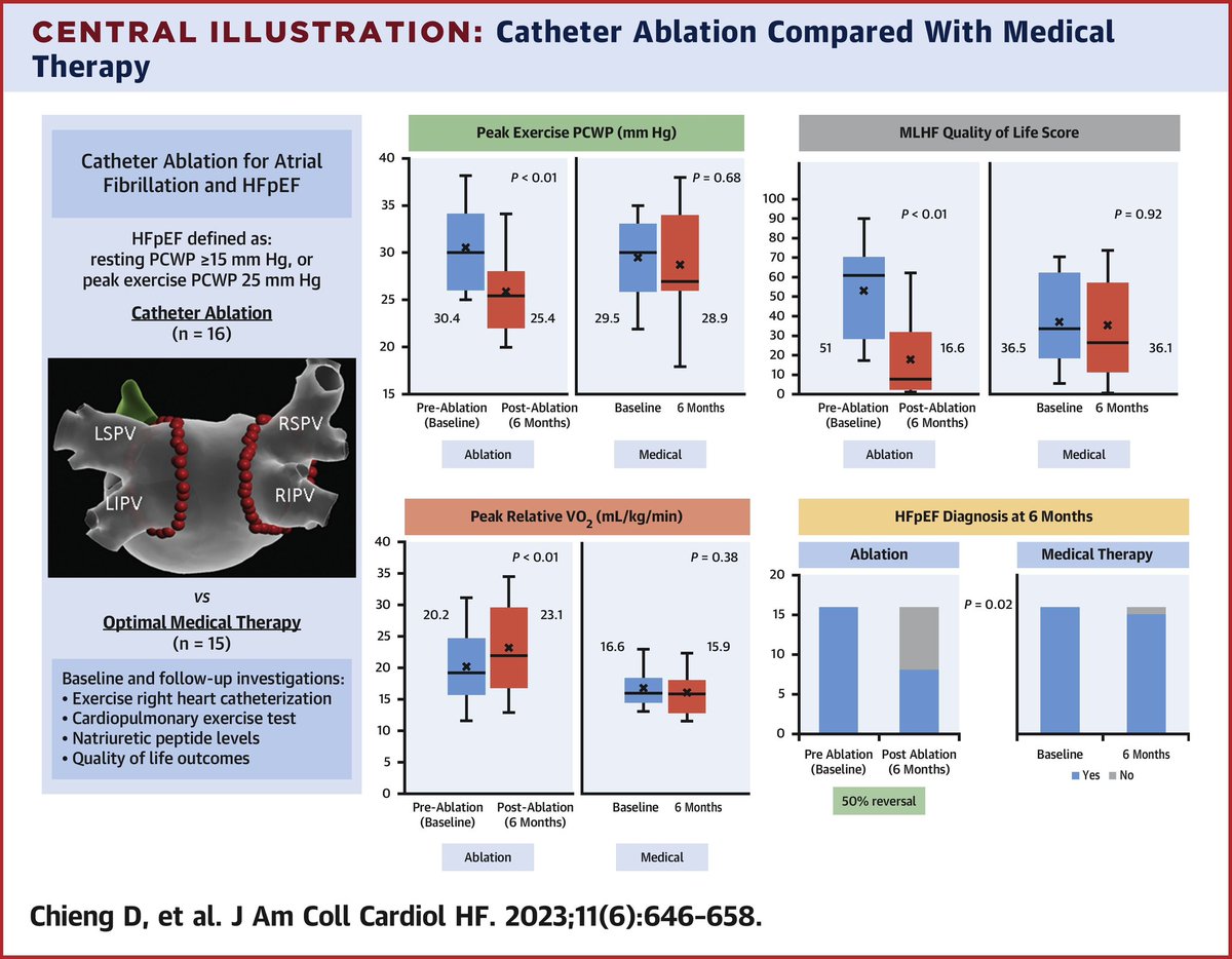 #AFib Ablation for #HFpEF: A Randomized Controlled Trial

N= 31 patients (mean age: 66.1 years; 51.6% females, 80.6% persistent AF)

AF ablation improves invasive exercise hemodynamic parameters, exercise capacity, and #QoL in patients with concomitant AF and HFpEF…