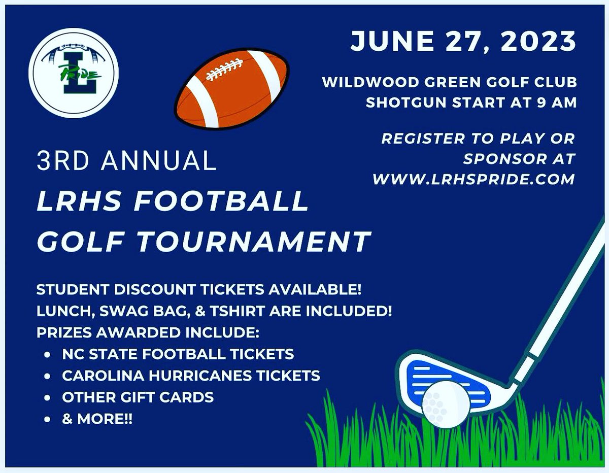 Register today! Swag bags, t-shirts, and lunch provided! Great prizes available. Come support the Leesville Football
Program and have a ton of fun ⛳️ Discounted tickets for students!