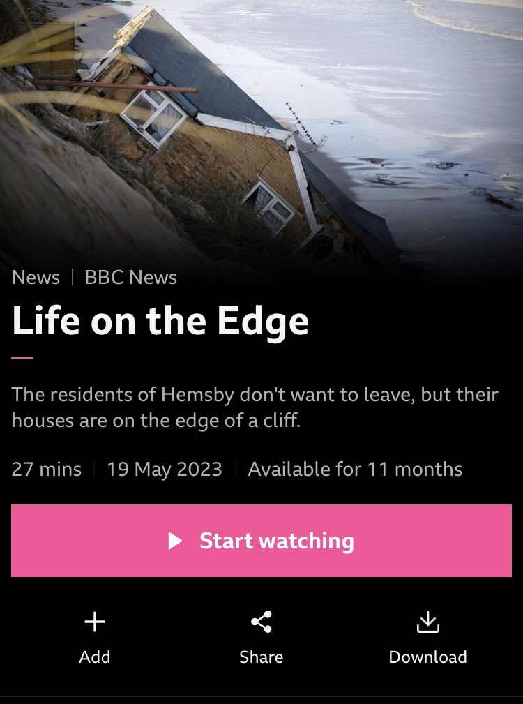 On iPlayer now - ‘Life on the edge’. The story of the residents of Hemsby where many are facing losing their homes due to coastal erosion  (27 mins - available for 11 months) #geographyteacher bbc.co.uk/iplayer/episod…