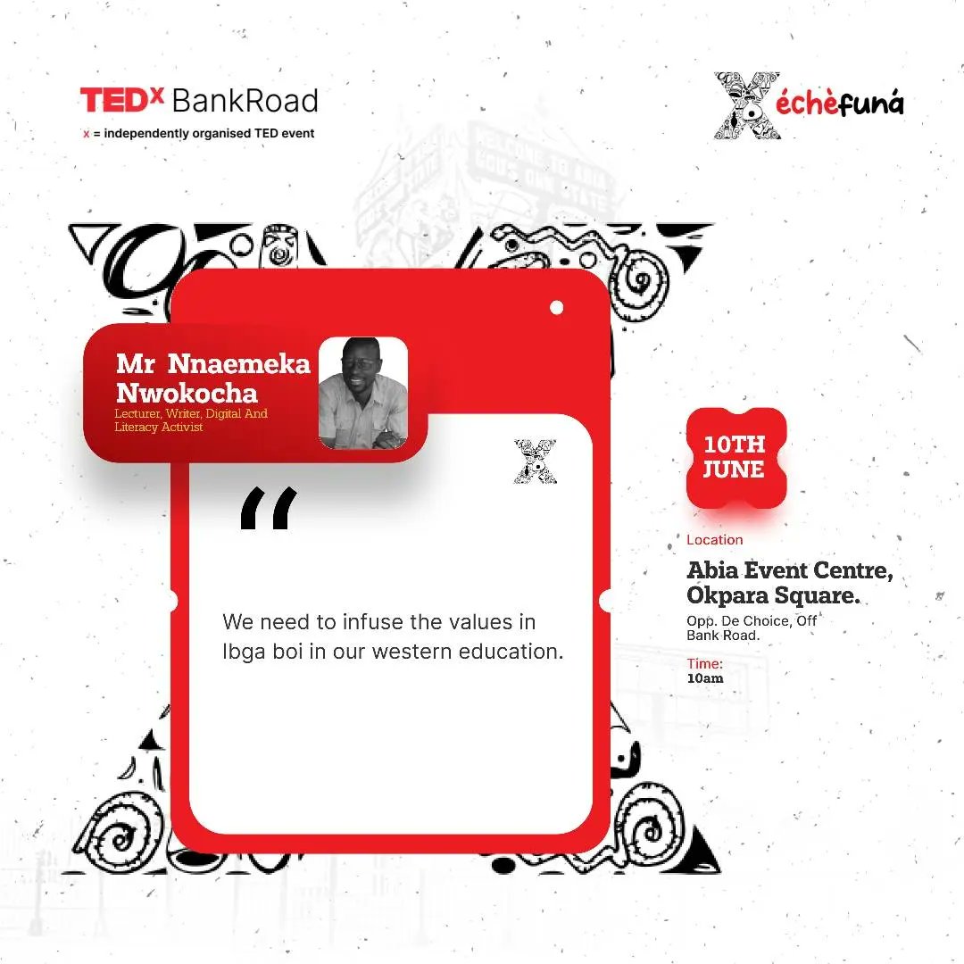 Mr Nnaemeka Nwokocha. 

#TEDxSpeakers
#TEDxBankRoad
#Echefuna this event.
#TEDtalks
#TEDxEvents
#Abia
#Abiaevents
#umuahia
#umuahiamua
#umuahiabreed