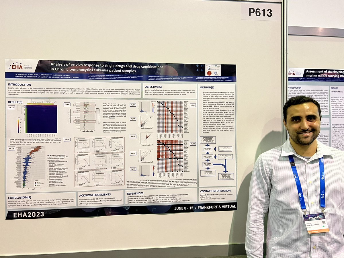 Here is #LeonardoMirandaSantana postdoc in the @TaskenLab and with @freeges & @ManuelaZucknick at Poster P613 at #EHA23 - he has analysed our drug screening data on #CLL w 516 drugs and some 740 combinations. @EHA_Hematology @Oslounivsykehus @UniOslo_MED @OCBE_UniOslo @TheSFPM