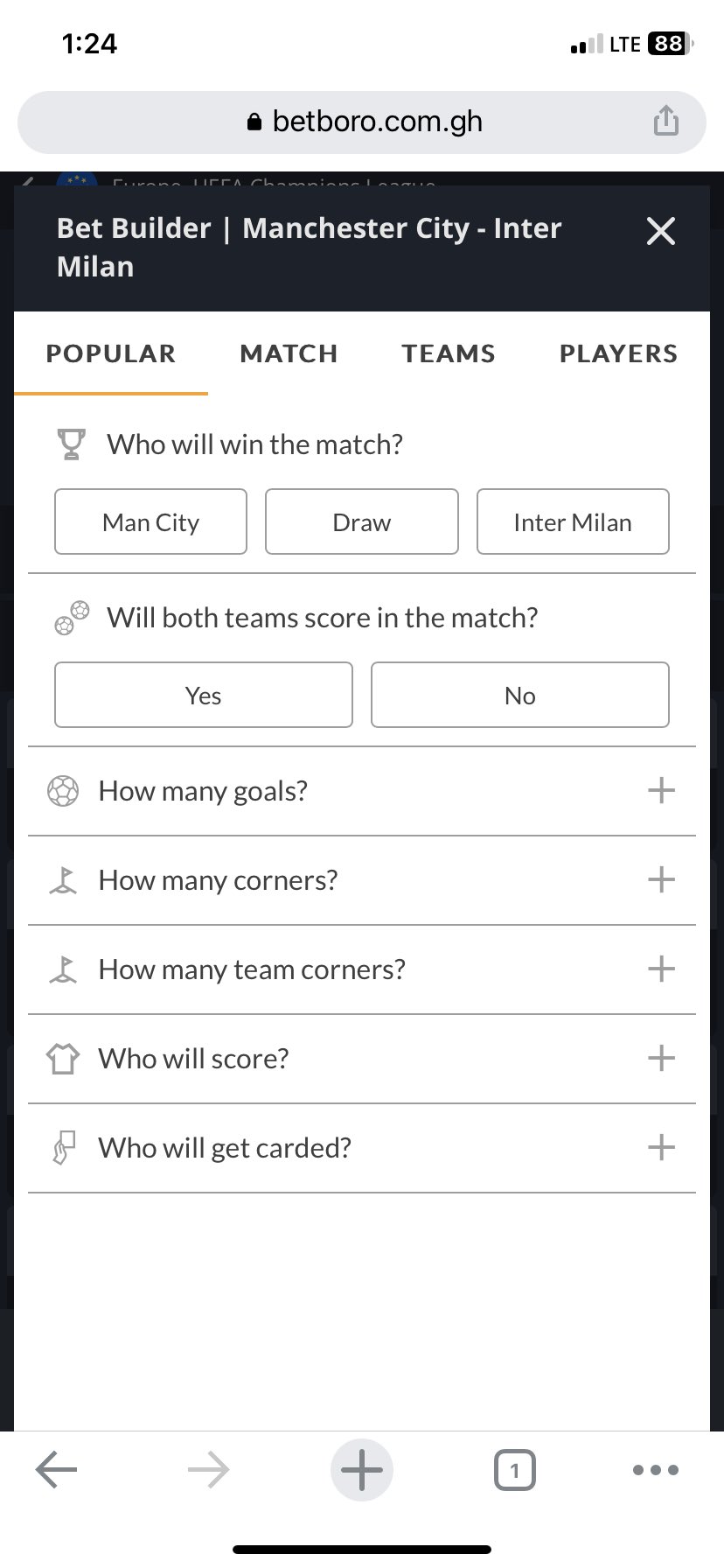 Elvis 🇬🇭 on X: Both teams to score Over 8.5 corners De Bruyne to score  City to win corners full time Use the Betboro Bet Builder tab to select all  these options