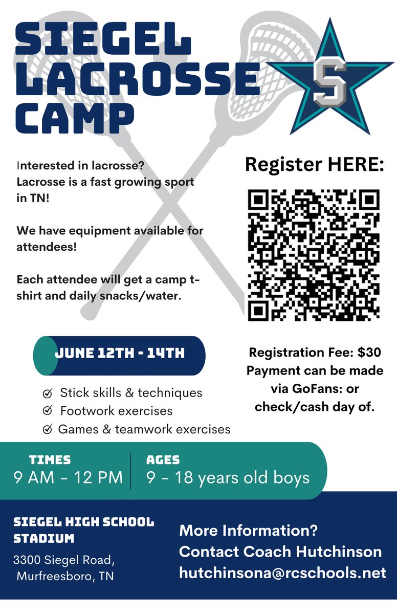 **LOCATION CHANGE**
The Siegel Lax Camp will be held on the lacrosse practice field due to stadium construction next week. 

There is still time to sign up and attend our camp!