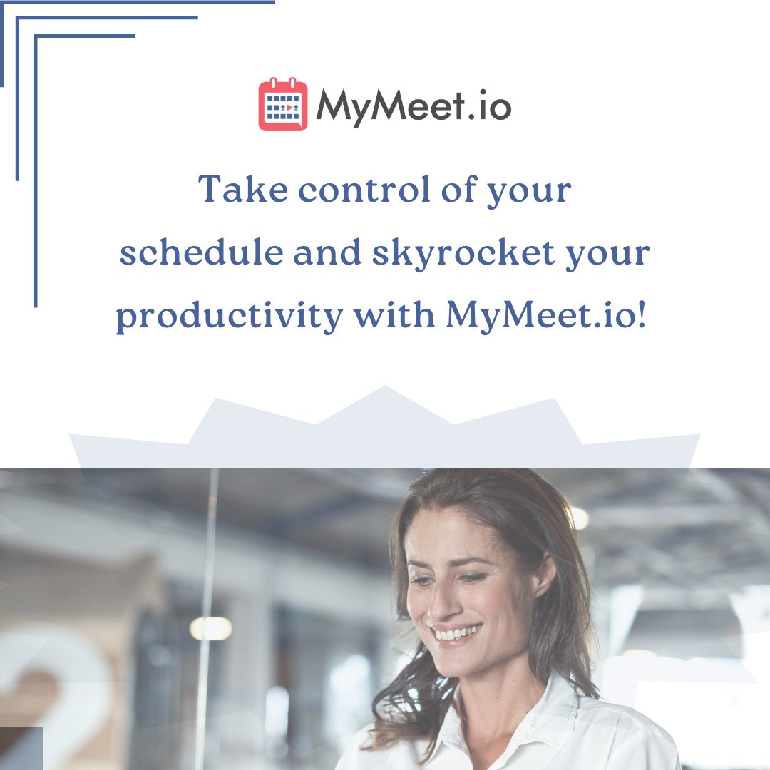 MyMeet_io's tweet image. Take control of your schedule and skyrocket your productivity with MyMeet.io! 
#TimeIsPrecious #TakeChargeOfYourSchedule #EfficientWorkflow #ExceptionalService #ClientManagement #AppointmentScheduling #ProductivityBoost #ManageAppointments #SmoothWorkflow