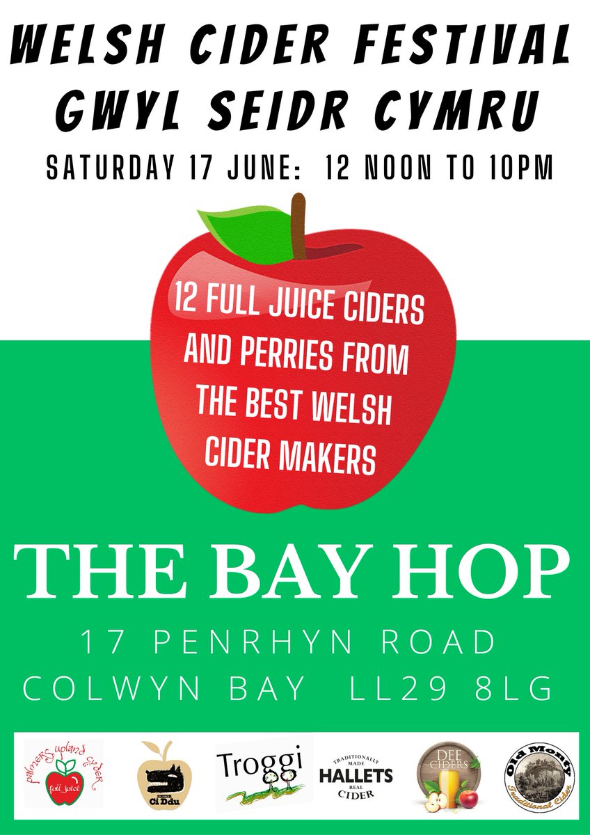 Full confirmed line-up for next Saturday's Welsh Cider Festival / Gwyl Seidr Cymru 🍎 (See following tweets) 

NOW 14 CIDERS AND PERRIES!!!

(1/3)

#colwynbay #alehouse #cider #notfromconcentrate