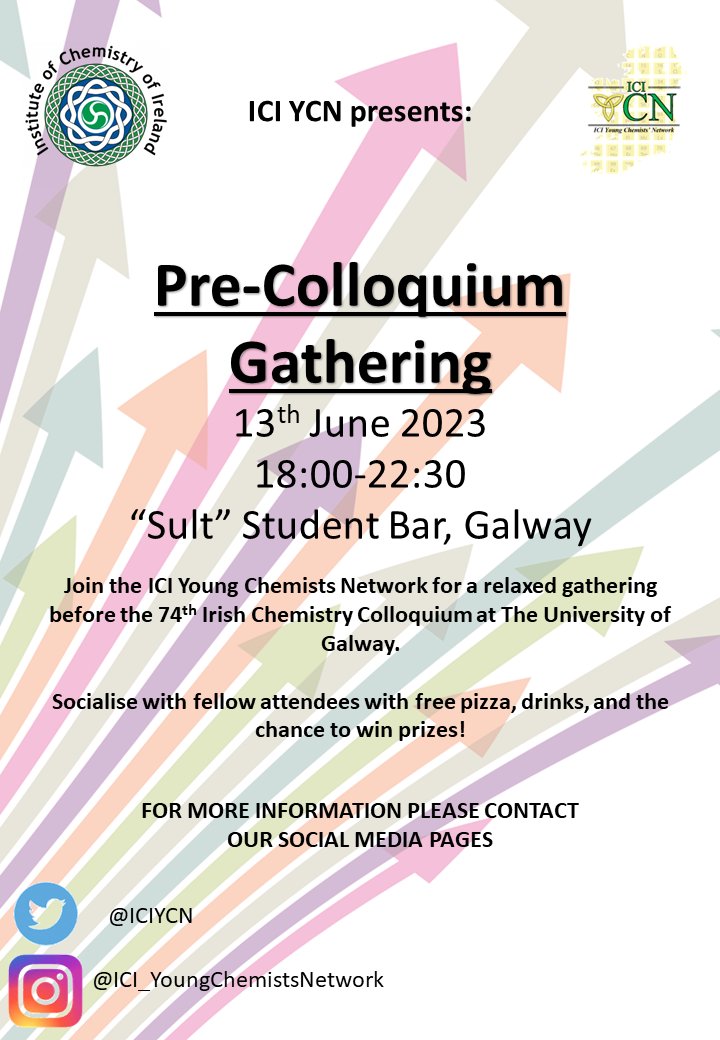 ICI YCN (@iciycn) on Twitter photo Attending the 74th Irish Chemistry Colloquium in <a href="/uniofgalway/">Ollscoil na Gaillimhe | University of Galway</a> ? Join us the night before for free pizza, a few drinks and a chance to win prizes. A great opportunity to socialise with your fellow attendees! Attending the 74th Irish Chemistry Colloquium in <a href="/uniofgalway/">Ollscoil na Gaillimhe | University of Galway</a> ? Join us the night before for free pizza, a few drinks and a chance to win prizes. A great opportunity to socialise with your fellow attendees!